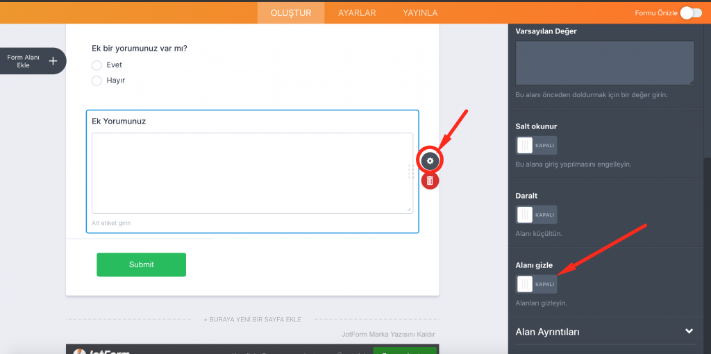 JotForm alan gizleme