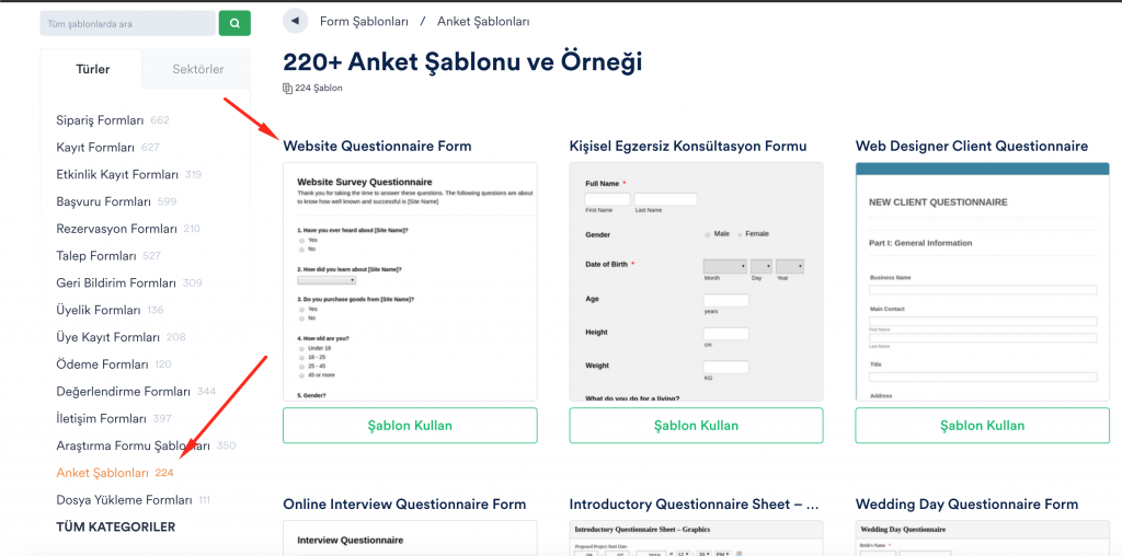 JotForm şablon seçimi